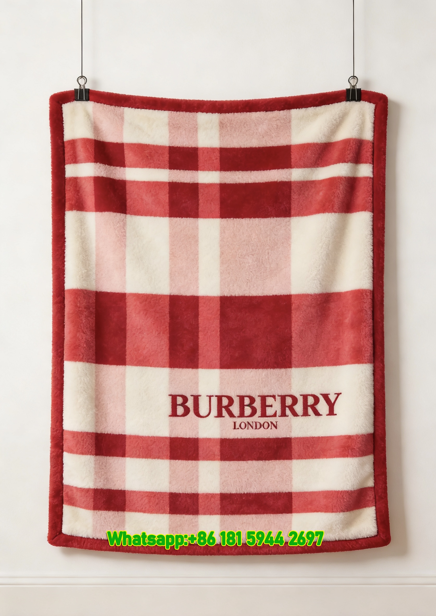 Burberry Pink Red Check Plaid Flannel Sofa Throw Blanket B030